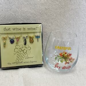 Wine Things wine glass charms and stem less wine glass Grateful for wine